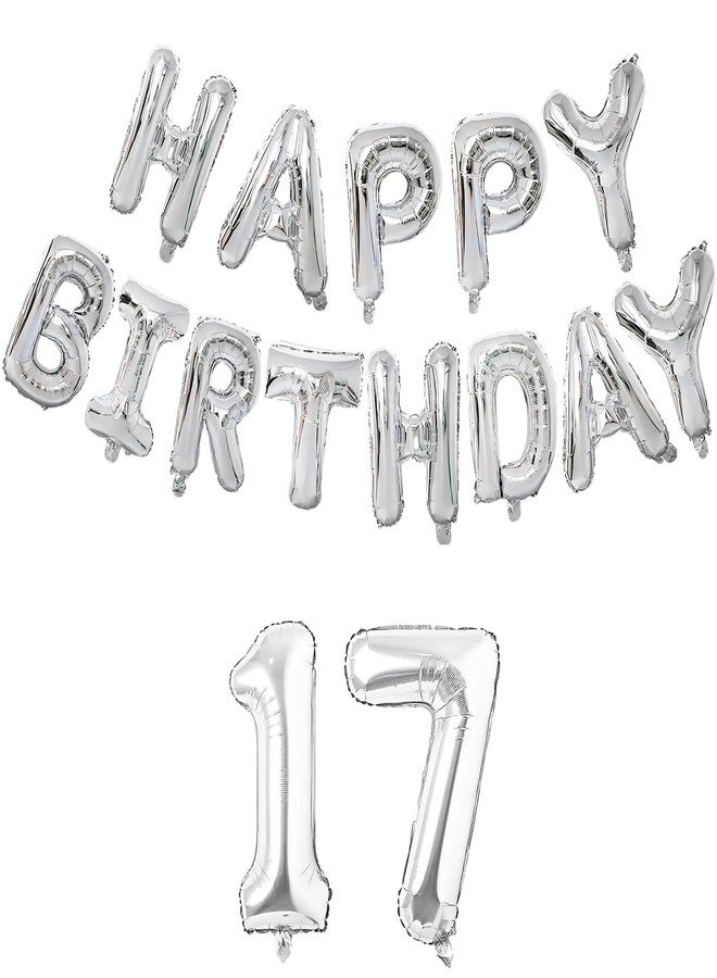 Flyloons مجموعة بالونات فويل فضية من فلاي لونز للاحتفال بعيد الميلاد السابع عشر للأولاد والبنات والمراهقين بعمر 17 عامًا | مع الرقم سبعة عشر | 13 حرفًا، قابلة لإعادة الاستخدام، بالونات فويل معدنية، طقم زينة مكون من 15 قطعة - Image 1